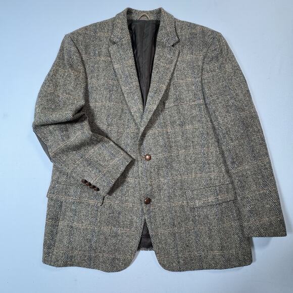 Harris Tweed Blazer Men 46R Brown Multi Woolen Square Herringbone Sport Jacket - Picture 1 of 12